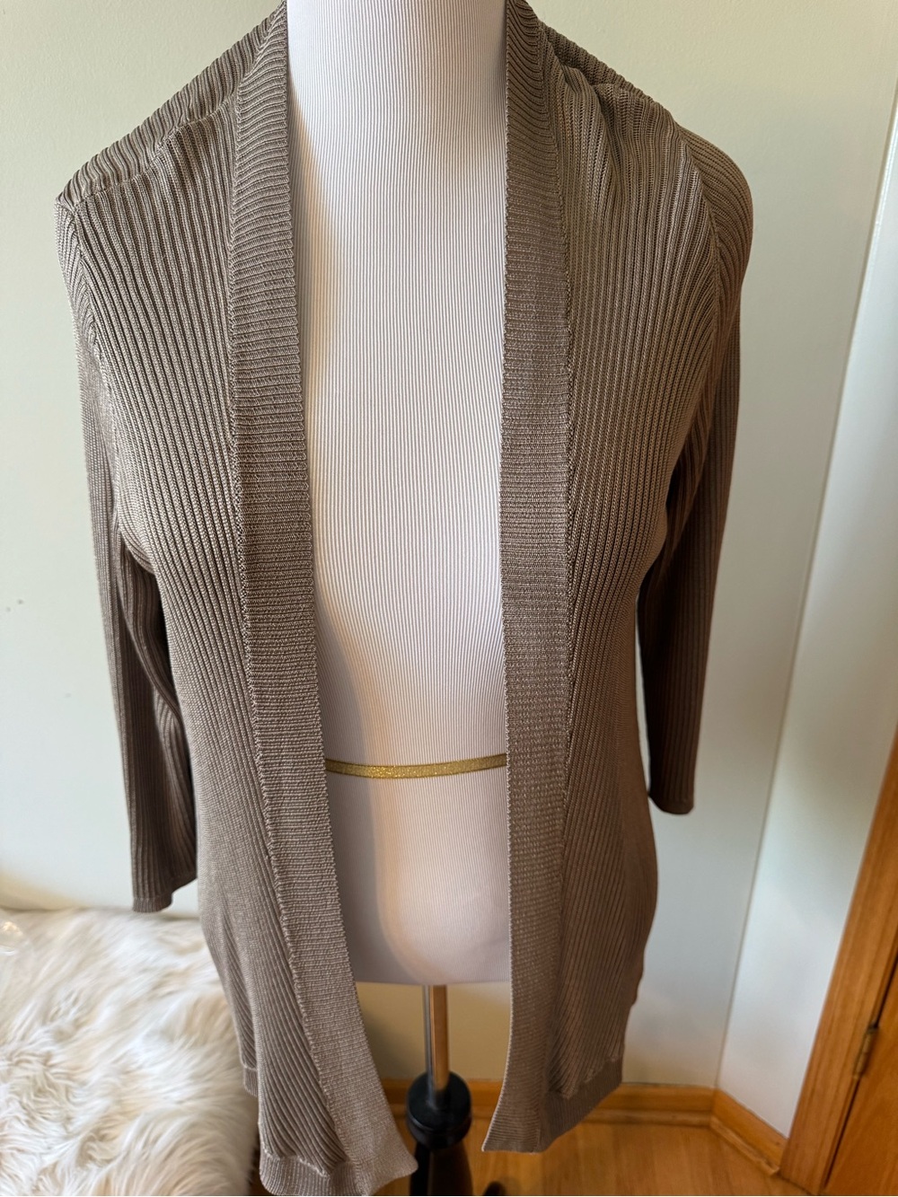 Ann Taylor Taupe Ribbed Open-Front Women's Cardigan